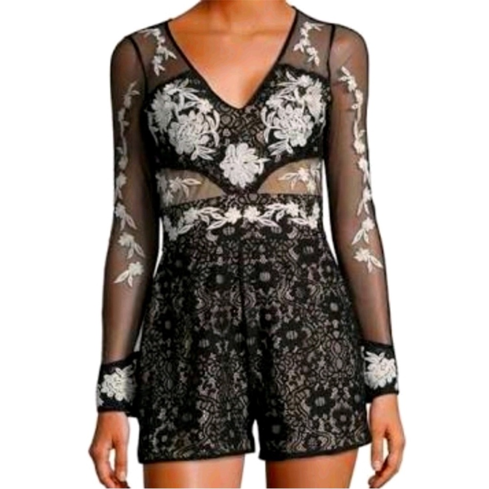 Design Lab Lord & Taylor Black and Cream Lace Jumpsuit